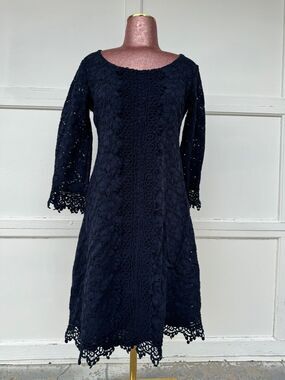 Alfani Lace Dress  Navy Blue 3/4 Bell Sleeve Knee Length Lined Stretch Sheath Sm